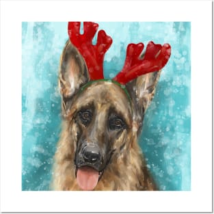 Painting of a German Shepherd With Red Reindeer Antlers Posters and Art